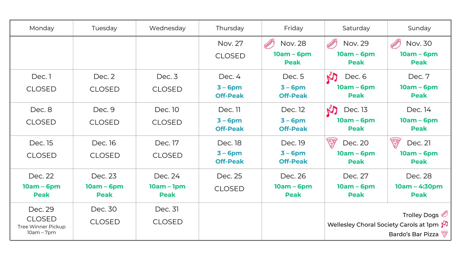 Festival of Trees Hours and Pricing Calendar for Website w Trolley, WCS and Bardos