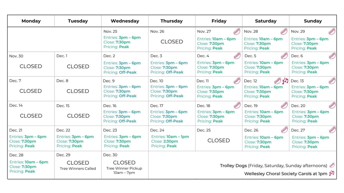 Festival of Trees Hours and Pricing Calendar for Website with Carolers and Trolley Dogs-1