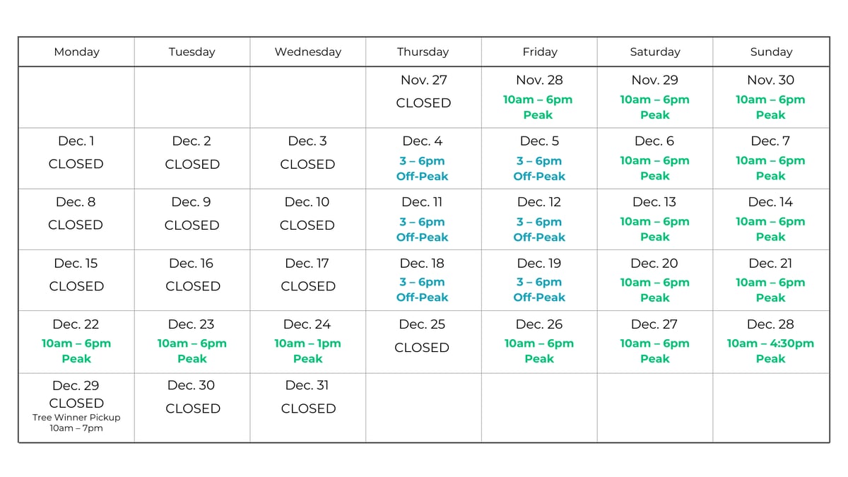 Festival of Trees Hours and Pricing Calendar for Website